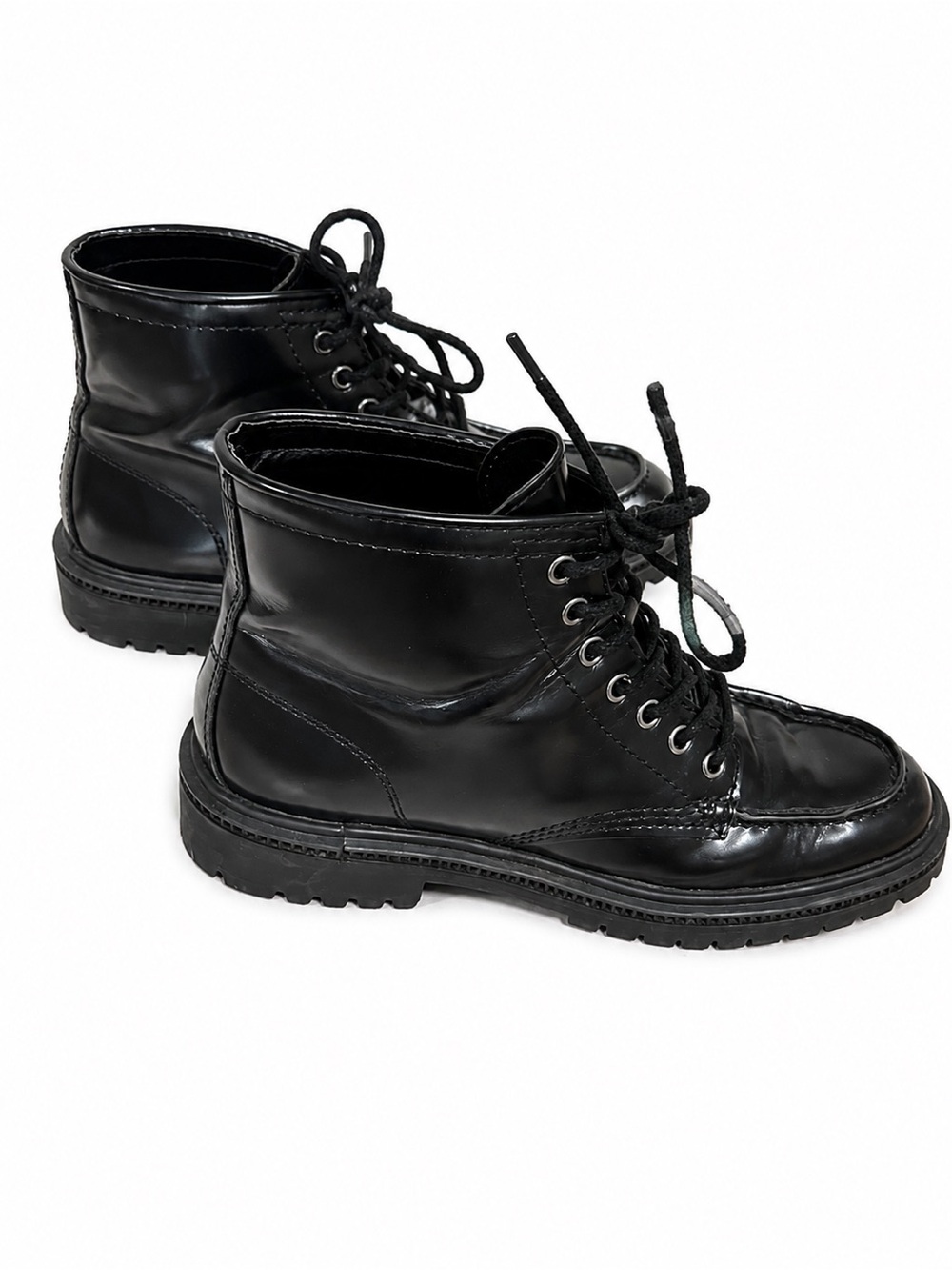 Express Men’s Black Leather Moc Toe Chunky Lace Up Boots- Unisex Size 9